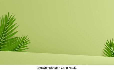 Studio background with palm leaves and shadow on green wall concrete .Vector Empty Product Display Podium with coconut leaf,Backdrop Banner for Spring, Summer Cosmetic, Skincare, Beauty Presentation