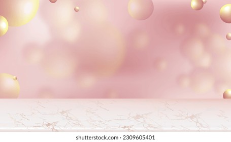 Fondo de estudio con pantalla de podio con burbujas abstractas cúmulo de esferas 3d fondo rosa pastel con suelo de mármol,Vector Futurista Random Ball Presentación de producto para cosmética, belleza,Spa