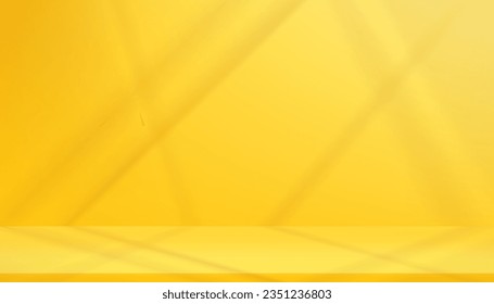 Studio Background podium display with shadow and sunlight reflection on yellow cement wall room,Vector Backdrop Banner Empty Studio Room for Spring,Summer,Autumn,Fall,Cosmetic Product presentation