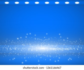Studio background. Vector empty blue studio for your design, spotlight. Vector graphics. Empty bright color studio table, banner for advertising. Vector illustration .tv studio