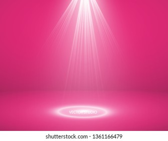 Studio background. Vector empty pink studio for your design, spotlight. Vector graphics. Empty bright color studio table, banner for advertising. Vector illustration .tv studio