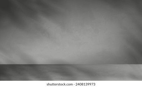 Studio Background Wall Grey Cement with floor ground,Concrete wall texture with light,shadow leaves effect,Vecor 3d Backdrop Empty Room mockup with copy space, Banner for cosmetic product presentation