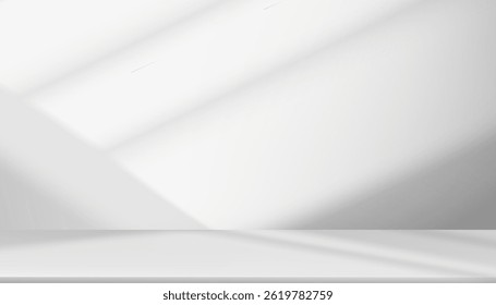 Fondo de estudio, sala de pared blanca con luz, sombra en la mesa, fondo gris para primavera, presentación de productos de verano, sala de cocina de pantalla 3D vacía con soporte para Anuncio de Web en otoño, invierno