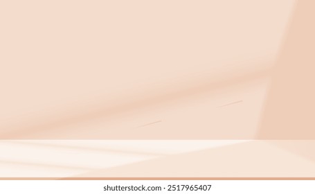Fundo de estúdio com sombra de janela, luz branca na parede de creme para o produto de outono, fundo de outono da sala de cozinha com luz da natureza no piso do pódio 3D, maquete de exibição de cena mínima para banner de Páscoa