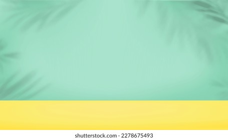 Fondo de estudio, color amarillo, verde pastel de menta con sombra de hojas sobre la textura de pared de cemento vacío,Fondo vectorial 3D para primavera,Presentación de verano,Venta de productos cosméticos online