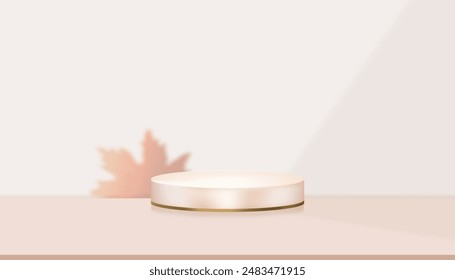 Studio Background,3d Beige Podium with Light,Shadow on White Wall and Peach floor,Backdrop interior Display Room with Stage Stand for Cosmetic product present,Fall season Sale,Online Shop in Autumn