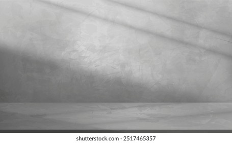 Fondo de estudio, sala de pared gris de hormigón con sombra, luz de ventana en 3D Podium Display en piso de cemento para el presente del producto, fondo vacío Interior Cocina con superficie de textura con luz solar