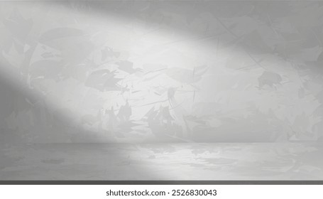 Studio Background,Concrete grey wall room with Shadow,Window Light on 3D Podium Display on Cement Floor for product present,Empty Backdrop Minimal Interior Gray Concrete texture surface with sunlight