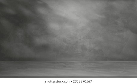 Fondo de estudio, textura de pared de hormigón con sombra de hojas en el fondo del suelo del cemento, blanco vacío, sala de estudio gris con mesa superior, fondo de fondo primavera o pantalla de producto cosmético de verano