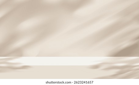 Arrière-plan studio, Lumière du soleil pomponnée, ombre de feuille sur mur en béton beige, salle pour l'affichage de produits cosmétiques, Image vectorielle, arrière-plan produit 3d, texture claire sur sol en ciment marron 