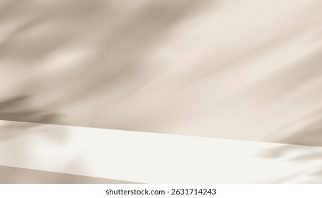 Studio Background,Dappled sunlight,leaf shadow on beige concrete wall room for cosmetic product display,Vector 3d product background light texture on brown cement floor 