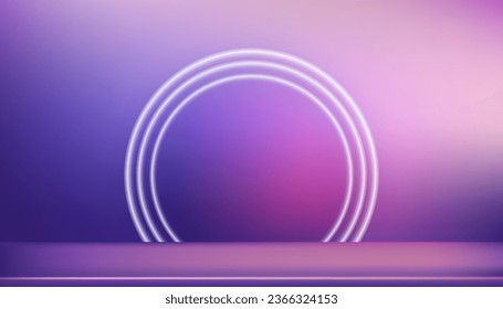 Fondo de estudio, pantalla 3D vacía podium con luz de anillo neón en la pared púrpura lila.Fondo con piso rosa, violeta y azul.Cartel vectorial Neón futurista para el futuro concepto de ciberespacio