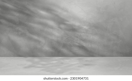 Studio background,Grey Cement wall texture background with leaves shadow overlay,Vector 3D Empty Backdrop Gray Cement wall with sunbeam on Concrete floor,Display Product Presentation