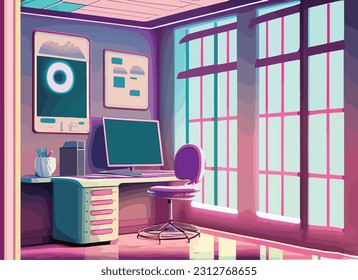 dibujos animados de estudio , una habitación con escritorio, silla y ventana, gráficos de computadora de Victor Mosquera, Artstation, arte de computadora, estética de anime, retroonda, artstation hq