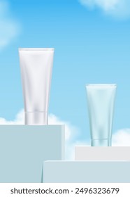 Studio background,Sky blue with cloud over,cosmetic skincare tube on white podium display stand,Vector 3d Blank Silver plastic packaging mockup for Beauty Product Presentation