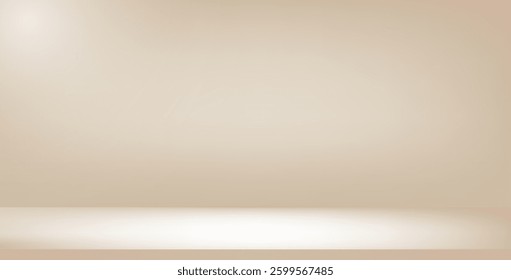 Studio beige gradient background. Light neutral wall product room. Minimal pastel table scene. Empty desk stage for beauty cosmetic presentation. Vector illustration. Banner template.