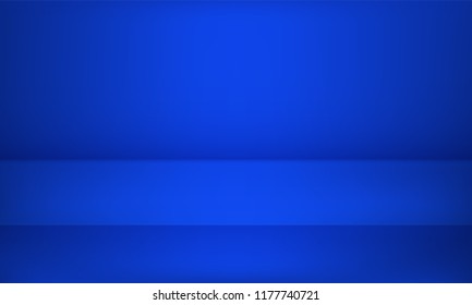 Studio blue background for product table podium for showroom shoot render. Vector abstract 3D stage studio room with spotlight light backdrop