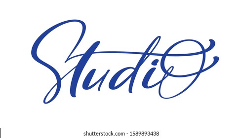 Studio blue calligraphy hand drawn vector logo text and label for any use, on a white background. Just place your own brand name