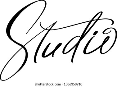 Studio calligraphy hand drawn vector logo text and label for any use, on a white background. Just place your own brand name
