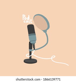 Studio cardioid microphone for podcast broadcasts. Table microphone on a stand. For voice recording. Vector illustration in hand drawing style. EPS 10