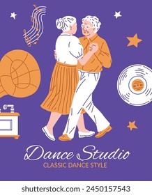 Studio classic dance style poster. Active senior couple dancing vector flat illustration. Happy elderly pair holding hands waltz tango dance perform. Retirement activity, leisure of aged grandparents