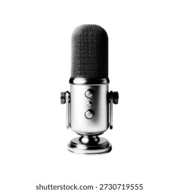 Studio condenser microphone in black and white halftone dot style. Retro audio equipment illustration symbolizing podcast, recording, broadcast, music production, voice, and communication.