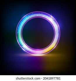  Studio dark background with neon circle.Electric round frame.Design element for your ad, sign, poster, banner. Vector illustration.