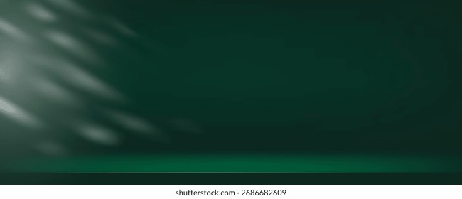Fondo de pared verde oscuro de estudio. Sala de productos dinámica y ligera. Escena de mesa esmeralda profunda mínima. Escenario de escritorio vacío para la presentación cosmética de la belleza. Ilustración vectorial. Plantilla de Anuncio con estante.