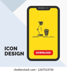 studio, design, coffee, lamp, flash Glyph Icon in Mobile for Download Page. Yellow Background