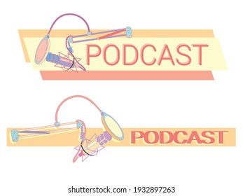 Studio desktop microphone with broadcast text over the air for podcasts, online communication and web conferencing. Vector illustration in a flat style.