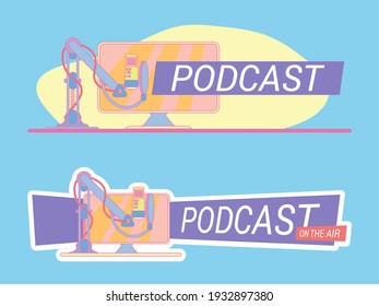Studio desktop microphone with broadcast text over the air for podcasts, online communication and web conferencing. Vector illustration in a flat style.