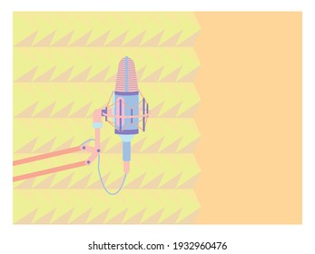 Studio desktop microphone with broadcast text over the air for podcasts, online communication and web conferencing. Vector illustration in a flat style. EPS10