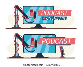 Studio desktop microphone with broadcast text over the air for podcasts, online communication and web conferencing. Vector illustration in a flat style. EPS10