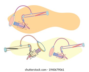 Studio desktop microphone with broadcast text over the air for podcasts, online communication and web conferencing. Vector illustration in a flat style.