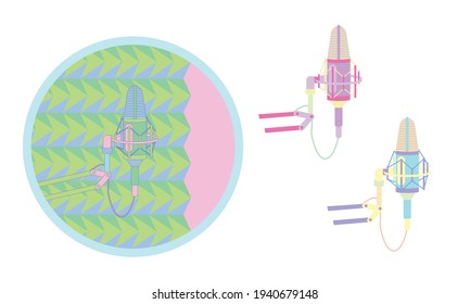 Studio desktop microphone with broadcast text over the air for podcasts, online communication and web conferencing. Vector illustration in a flat style.