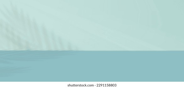 Pantalla de estudio con hojas de palma de coco sobre fondo de pared de menta verde,Sala de pared vacía con sombra de hoja en el suelo azul,Concepto para presentación de producto de verano de primavera