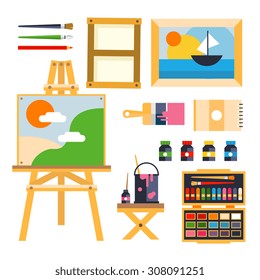 Studio drawing tools to the creative process flat icons set isolated vector illustration