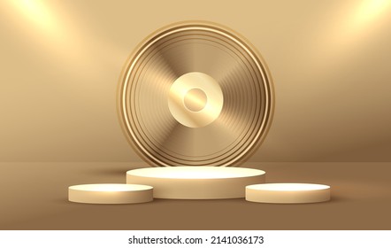 Studio empty place to display product with round gold circles and podium stage vector background. Cosmetic commercial podiums platform design.