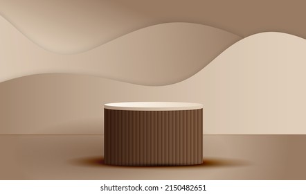 Studio empty place to display product with fluid brown geometric waves vector background. Cosmetic commercial place with brown podium design.