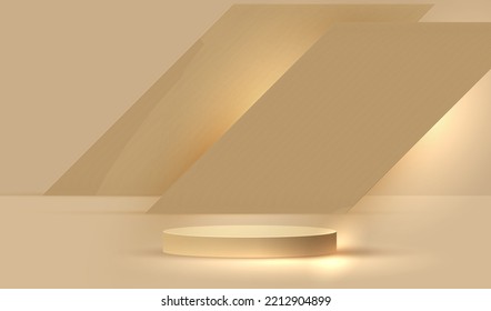 Studio leerer Platz zum Anzeigen von Produkten mit goldener Linie Wand Vektorhintergrund. Kosmetischer Gewerbeplatz mit goldenem Podium-Design.