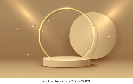 Studio empty place to display product with gold geometric circles vector background. Cosmetic commercial place with golden podium design.