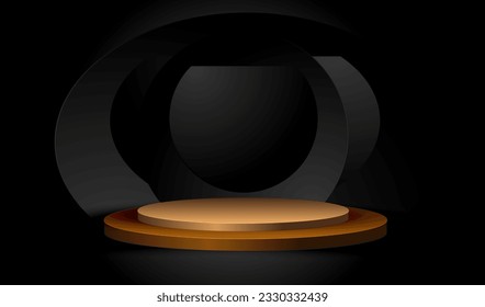 Studio empty place to display product with gold podium vector background. Cosmetic commercial place with golden stage design and geometric 3d wall.