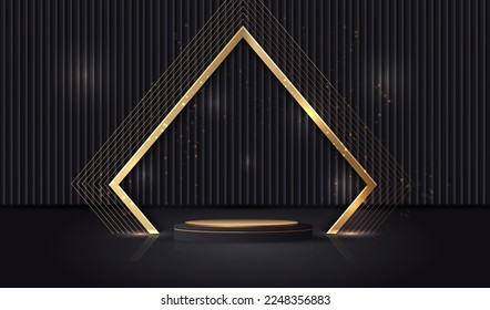 Habitación vacía de estudio con podio peatonal. Plataforma geométrica negra con destello dorado en forma de rectángulo de fondo. Lugar de lujo para la exposición de productos cosméticos.