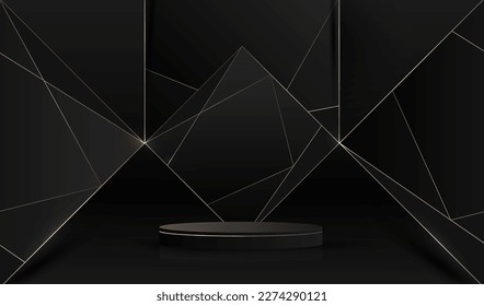 Habitación vacía de estudio con podio peatonal. Plataforma geométrica negra con brillantes dorados líneas de polos bajos en formas rectangulares fondo. Lugar de lujo para la exposición de productos cosméticos.