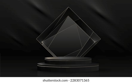 Studio empty room with pedestal podium. Black geometric platform with golden glitter low poly lines in rectangle shapes backdrop. Luxury scene for display cosmetic products.