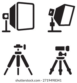 Studio Equipment Icon Set mit Softbox-Leuchten und Stativ-Kamera-Silhouetten