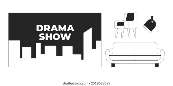 Studio equipment for talk-show broadcast black and white 2D line objects set. Drama show banner, spotlight, furniture isolated clip arts vector outline items collection. Monochrome spot illustrations