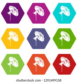 Studio flash with umbrella icons 9 set coloful isolated on white for web