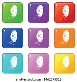 Studio flash with umbrella icons set 9 color collection isolated on white for any design