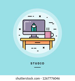 Studio, flat design thin line banner, usage for e-mail newsletters, web banners, headers, blog posts, print and more. Vector illustration.